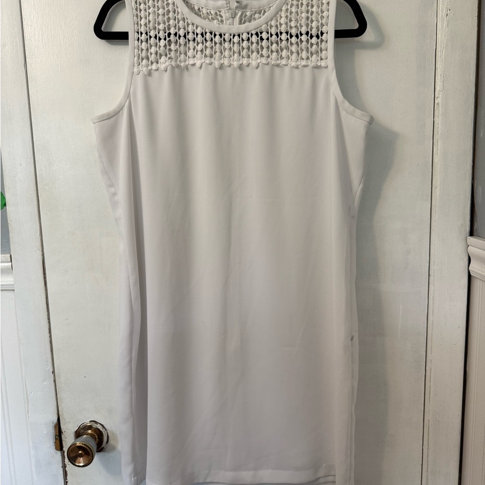 Calvin Klein White Shift Dress with Crochet Detailing.